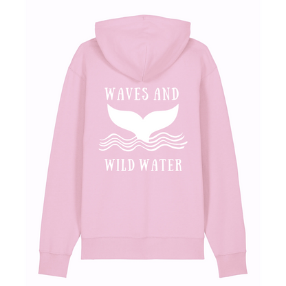 At Waves and Wild Water we all love this pink organic cotton and recycled polyester hoodie from our Beach Hut Hoodies collection. The image shows the back of the hoodie with a large Waves and Wild Water logo depicting a whale tail emerging from the waves hand printed in white vegan ink. We think it is perfect if you love water adventures too.