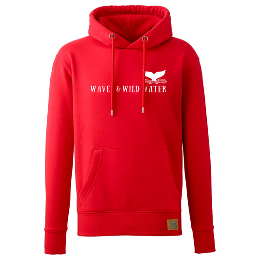 Our stunning red hoodie from our Beach Hut Hoodies collection. With the Waves and Wild Water logo printed on the front in white vegan ink, this hoodie never fails to warm us up after a wild swim or cold dip in the lake.