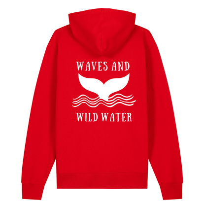 The back of Beach Hut Hoodie in vivid red. It proudly displays the Waves and Wild Water logo, depicting a large whale tail coming out of the waves. The logo is hand printed in white vegan ink and contrasts perfectly with the red of the hoodie, making this the go to choice for wild  simmers and sea dippers.