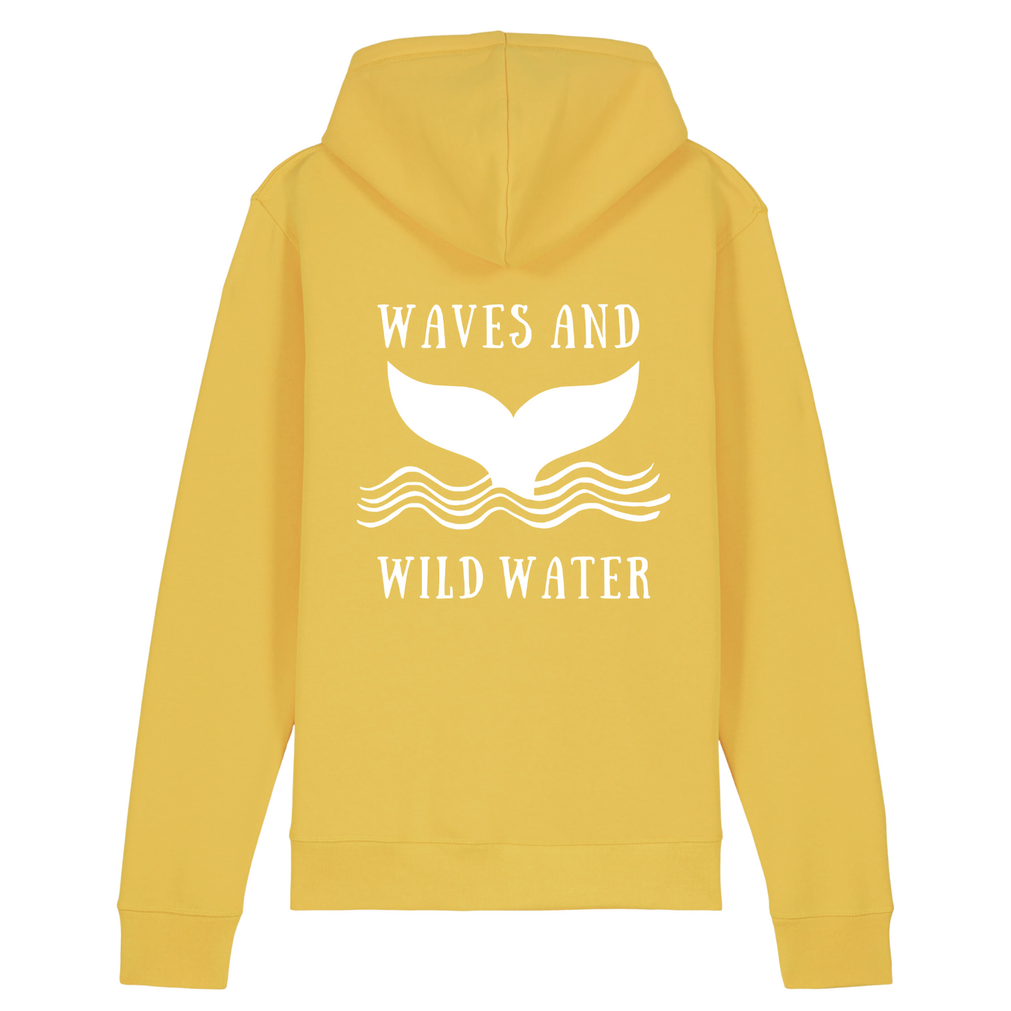 This is our bright yellow hoodie with the Waves and Wild Water logo on the back in white water based ink. The whale tail emerging from the waves in our logo makes this hoodie the perfect accompaniment to any wild swimming adventure.
