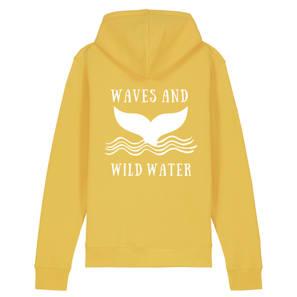 This is our bright yellow hoodie with the Waves and Wild Water logo on the back in white water based ink. The whale tail emerging from the waves in our logo makes this hoodie the perfect accompaniment to any wild swimming adventure.