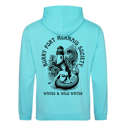 Lagoon blue hoodie featuring large Burry Port Mermaid Society mermaid and lighthouse design by Waves & Wild Water.
