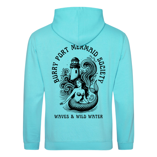 Lagoon blue hoodie featuring large Burry Port Mermaid Society mermaid and lighthouse design by Waves & Wild Water.