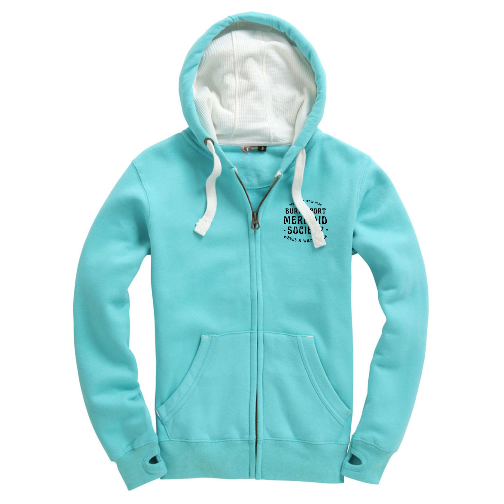 Lagoon blue zip-up hoodie with small Burry Port Mermaid Society chest print by Waves & Wild Water.