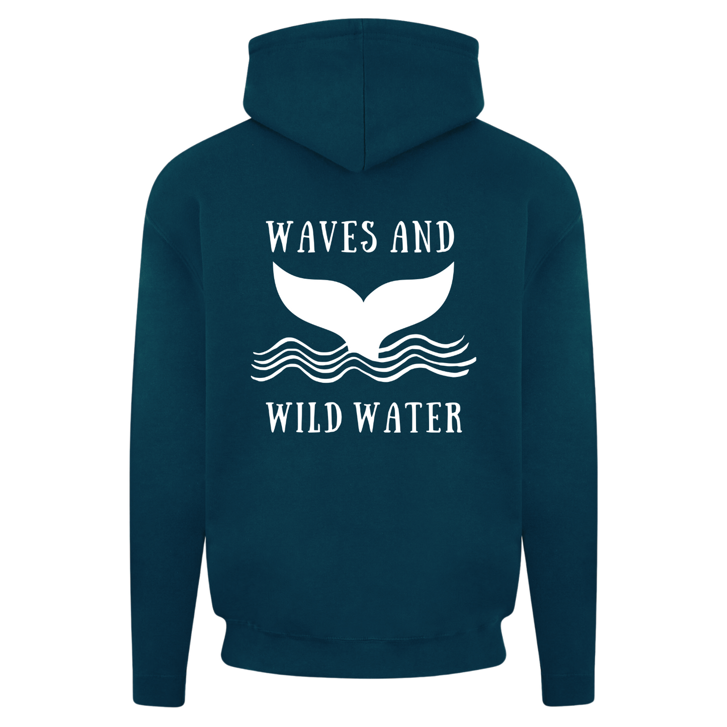 The back of our Waves and Wild Water heavyweight hoodie in deep sea blue. The large whale tail logo is printed in white vegan ink, making this hoodie a firm favourite for any open water enthusiast or sea based adventurer.