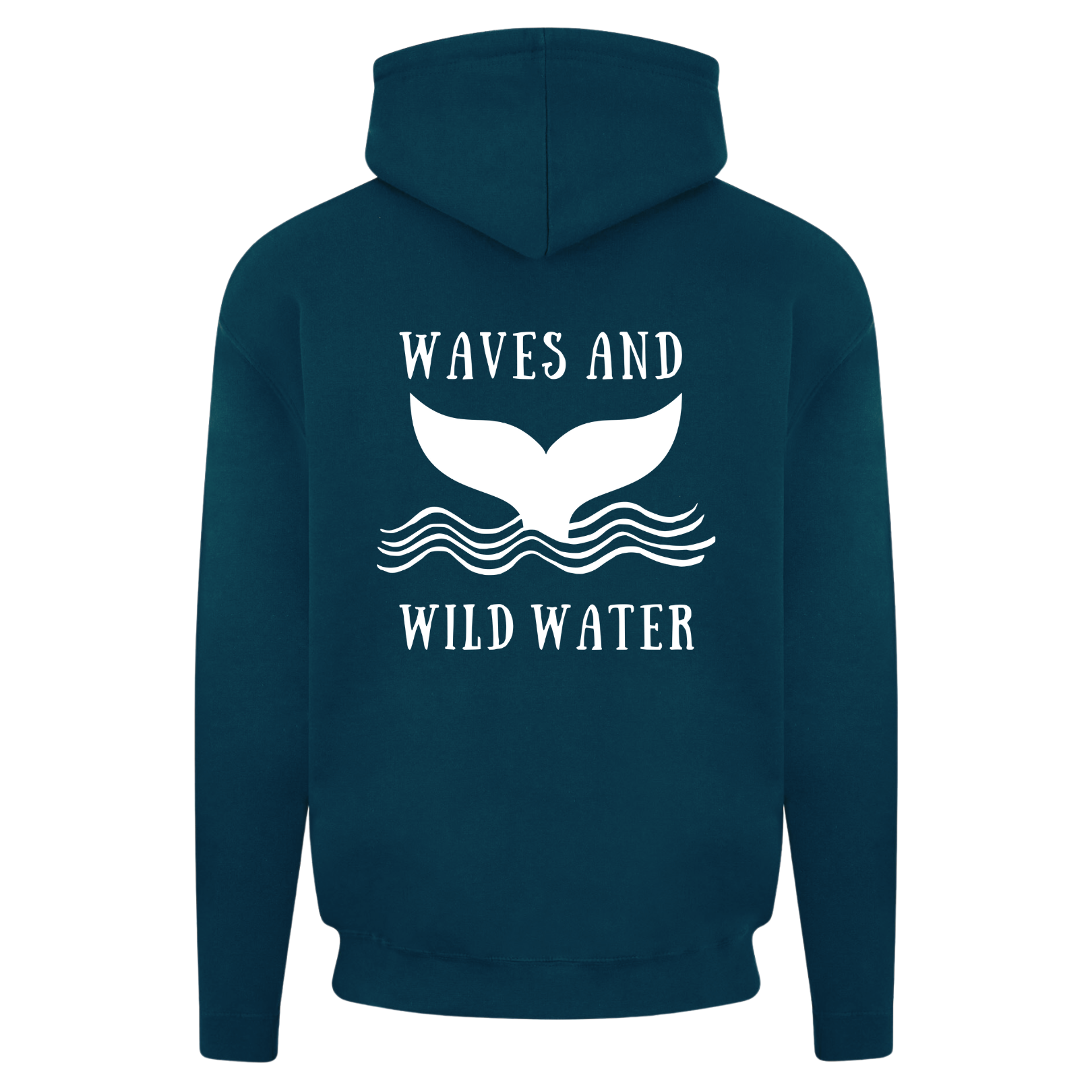 The back of our Waves and Wild Water heavyweight hoodie in deep sea blue. The large whale tail logo is printed in white vegan ink, making this hoodie a firm favourite for any open water enthusiast or sea based adventurer.