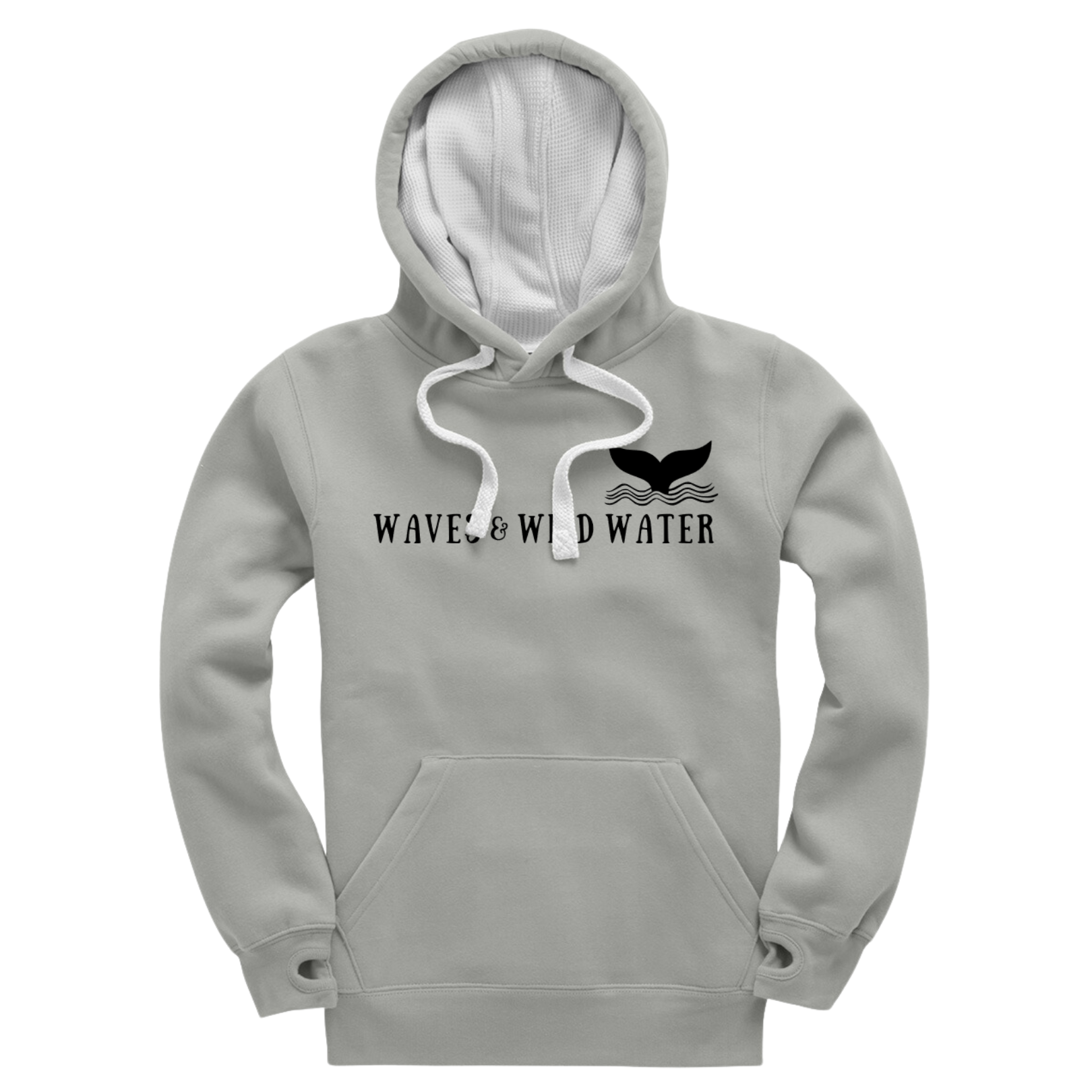 Waves and Wild Water grey hoodie with white inner hood and matching white draw cord. The Waves and Wild Water logo is hand screen printed across the front in black water based ink. We love to cosy up in this hoodie after a cold water swim especially as it has thumb holes.