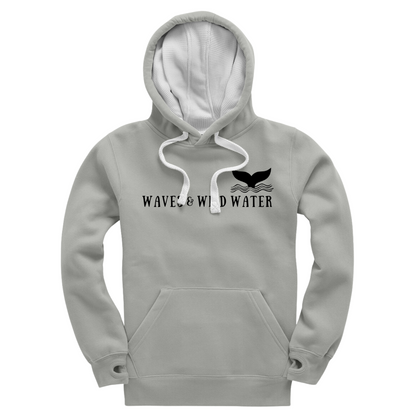 Waves and Wild Water grey hoodie with white inner hood and matching white draw cord. The Waves and Wild Water logo is hand screen printed across the front in black water based ink. We love to cosy up in this hoodie after a cold water swim especially as it has thumb holes.