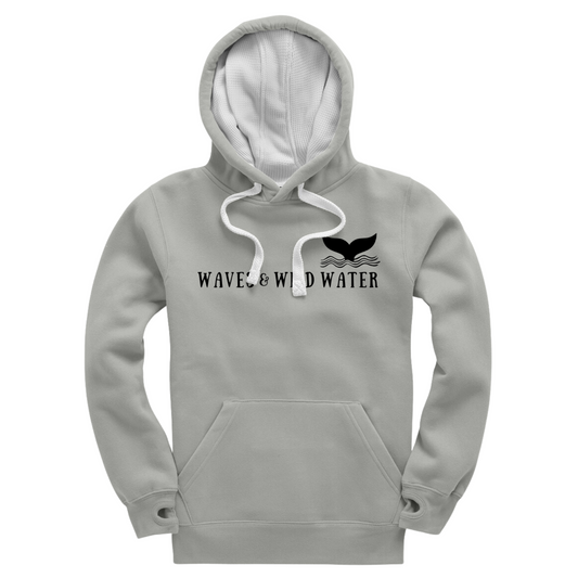 Waves and Wild Water grey hoodie with white inner hood and matching white draw cord. The Waves and Wild Water logo is hand screen printed across the front in black water based ink. We love to cosy up in this hoodie after a cold water swim especially as it has thumb holes.