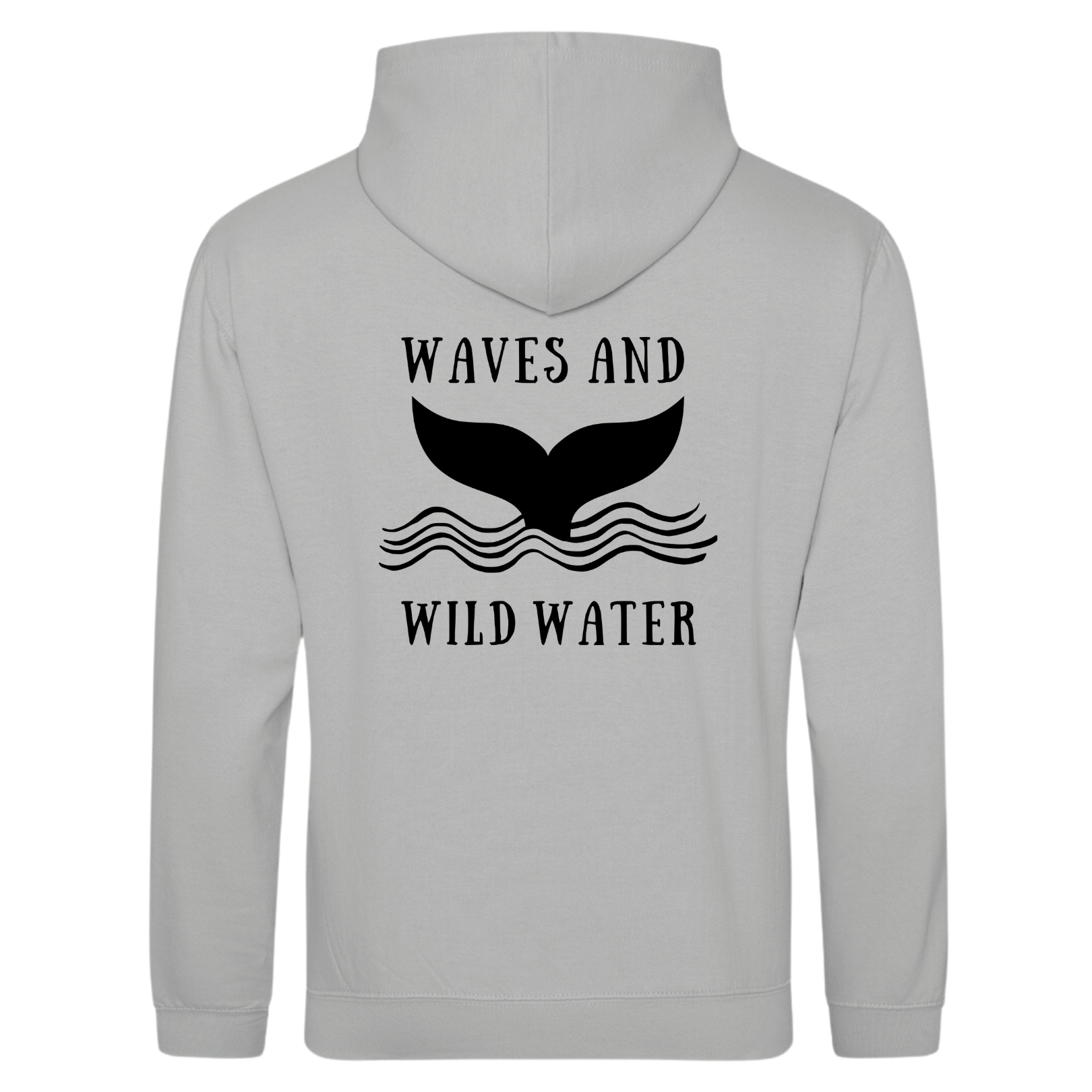 The back of the Waves and Wild Water grey hoodie showing the large whale tail logo coming out of the waves. The logo is hand printed in black vegan ink and contrasts perfectly with the moody grey of the hoodie, making this the go to choice for wild  simmers and sea dippers.