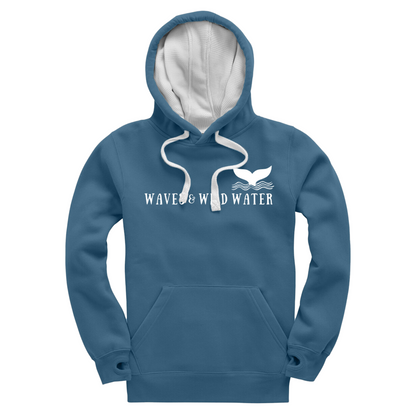 Waves and Wild Water stormy sea hoodie with white inner hood and matching white draw cord. The Waves and Wild Water logo is hand screen printed across the front in white water based ink. We love to cosy up in this hoodie after a cold water swim especially as it has thumb holes.