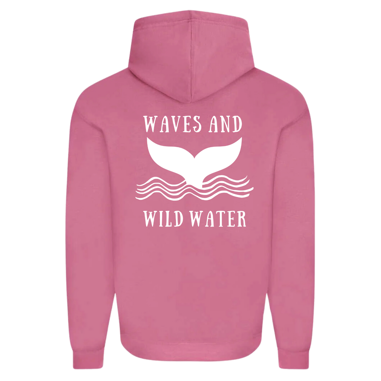 The back of the Waves and Wild Water Sunset Blush hoodie showing the large whale tail logo coming out of the waves. The logo is hand printed in white vegan ink and contrasts perfectly with the blush pink of the hoodie, making this the go to choice for wild  simmers and sea dippers.