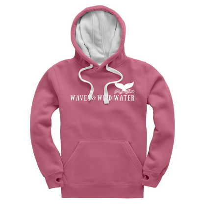 Waves and Wild Water Sunset Blush hoodie with white inner hood and matching white draw cord. The Waves and Wild Water logo is hand screen printed across the front in white water based ink. We love to cosy up in this hoodie after a cold water swim especially as it has thumb holes.
