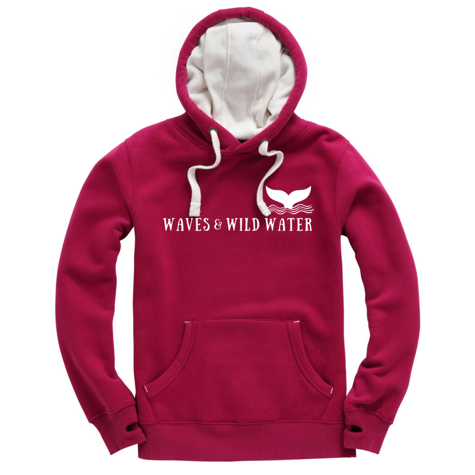 Waves and Wild Water sunset serenade hoodie with white inner hood and matching white draw cord. The Waves and Wild Water logo is hand screen printed across the front in white water based ink. We love to cosy up in this hoodie after a cold water swim especially as it has thumb holes.