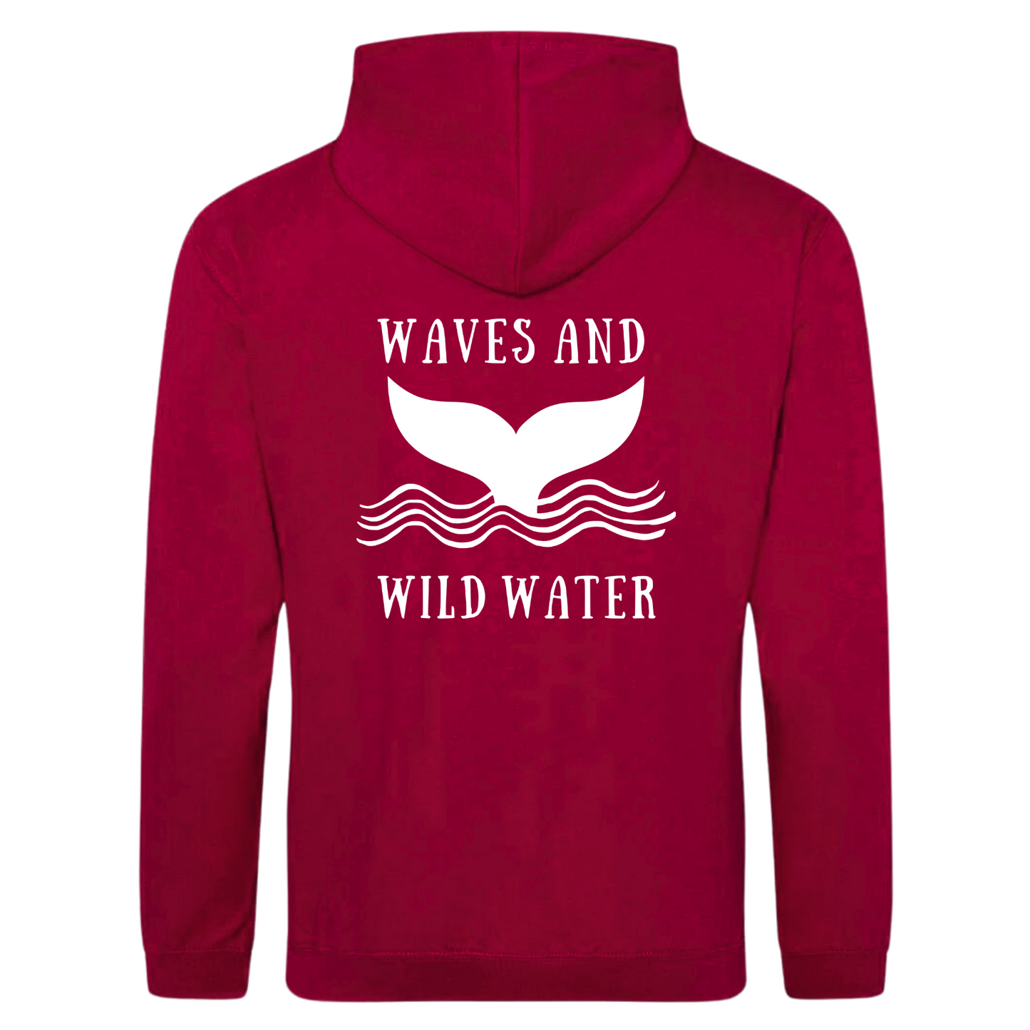 The back of the Waves and Wild Water sunset pink hoodie showing the large whale tail logo coming out of the waves. The logo is hand printed in white vegan ink and contrasts perfectly with the bright pink of the hoodie, making this the go to choice for wild  simmers and sea dippers.