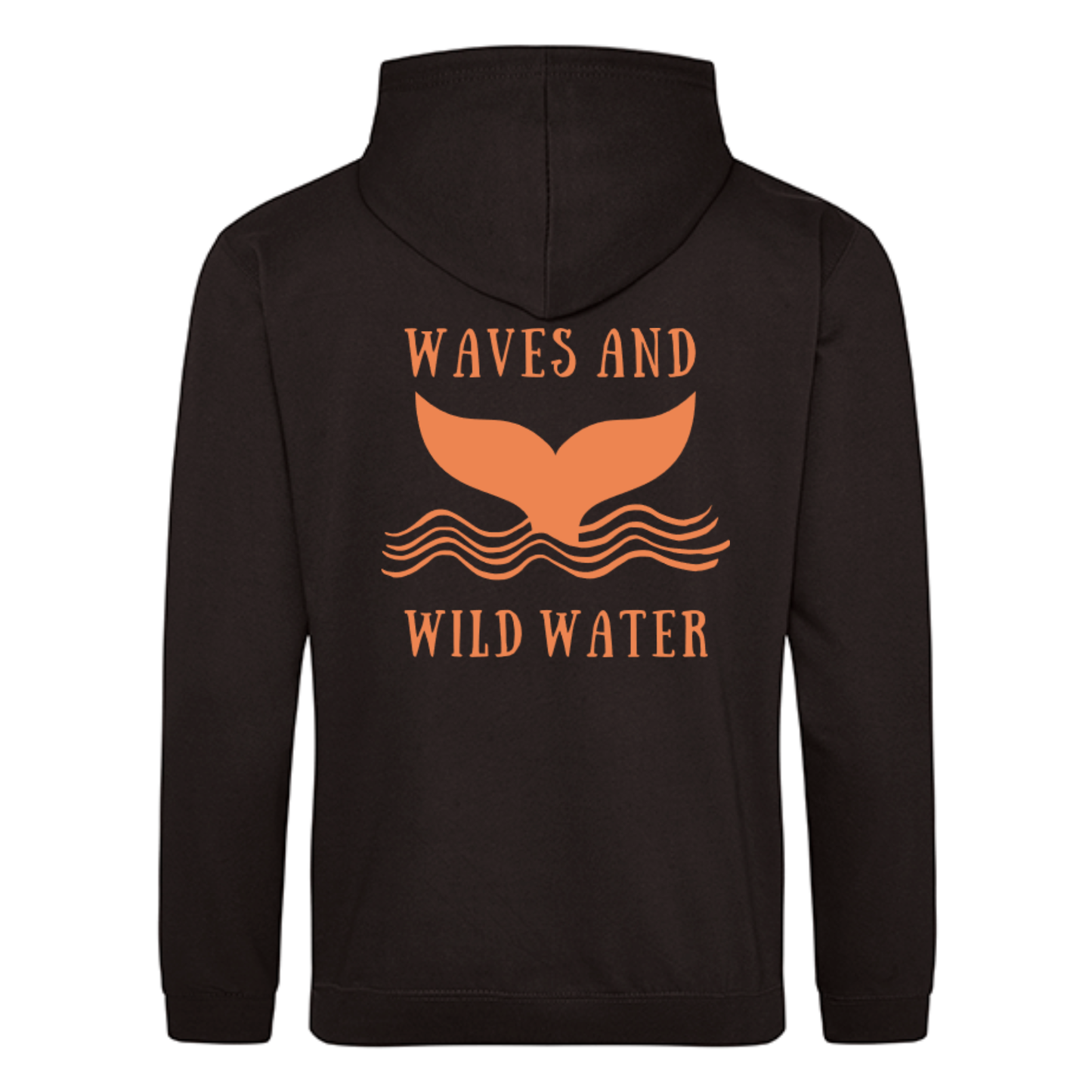 Night Sky black hoodie featuring large metallic copper whale tail and wave design by Waves & Wild Water. Perfect for wild swimmers, sea dippers, and open water adventurers.