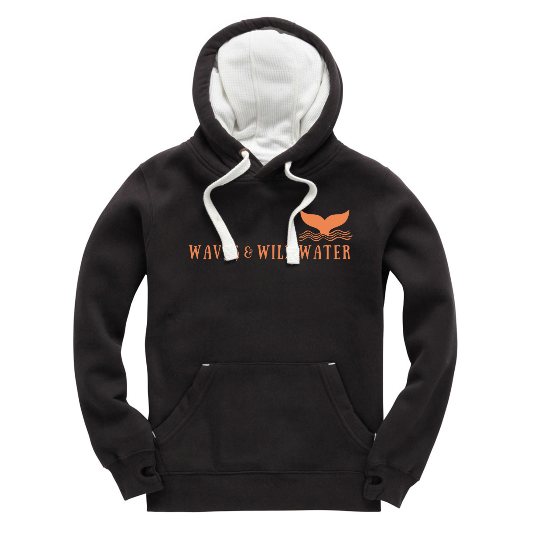 Black pullover hoodie with small Waves & Wild Water whale tail chest print in metallic copper ink. Exclusively hand-printed in South Wales using vegan water-based inks.