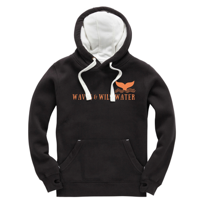 Black pullover hoodie with small Waves & Wild Water whale tail chest print in metallic copper ink. Exclusively hand-printed in South Wales using vegan water-based inks.