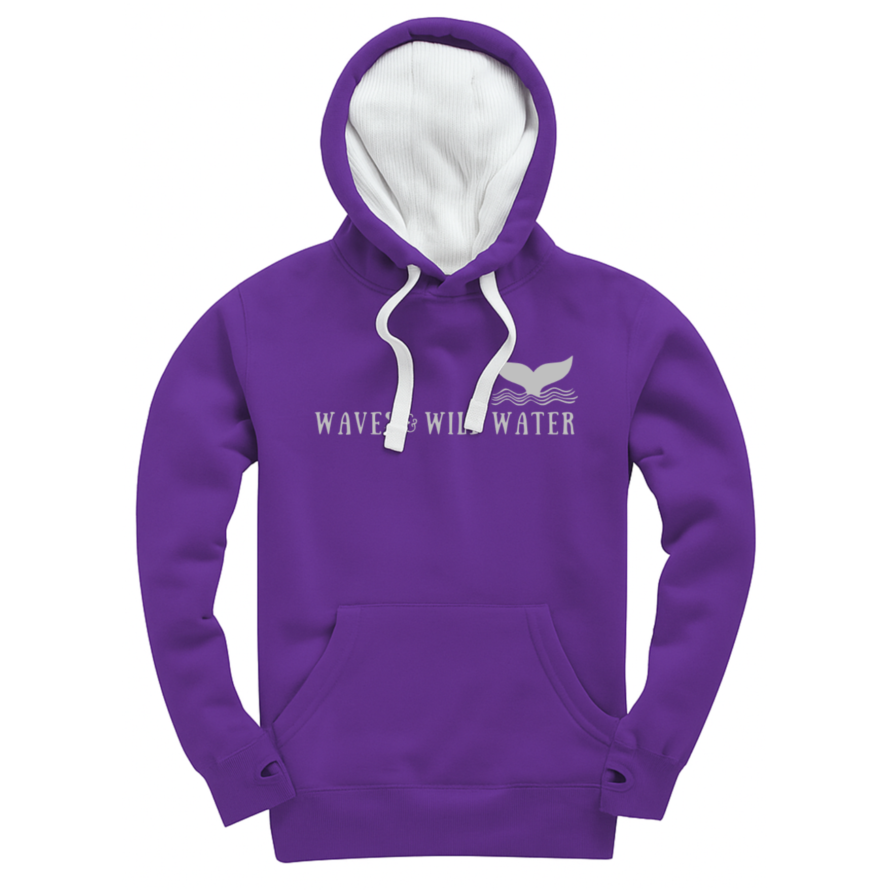 Purple pullover hoodie with small metallic silver Waves & Wild Water whale tail and text. Hand-printed in South Wales using vegan water-based inks.