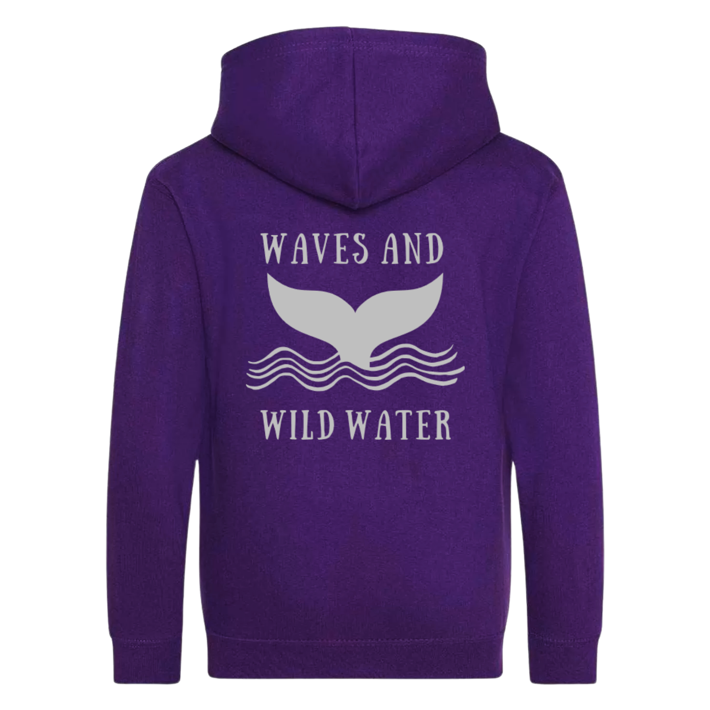Twilight Tide purple hoodie featuring large metallic silver whale tail and wave design by Waves & Wild Water. Loved by wild swimmers, sea dippers and open water adventurers.