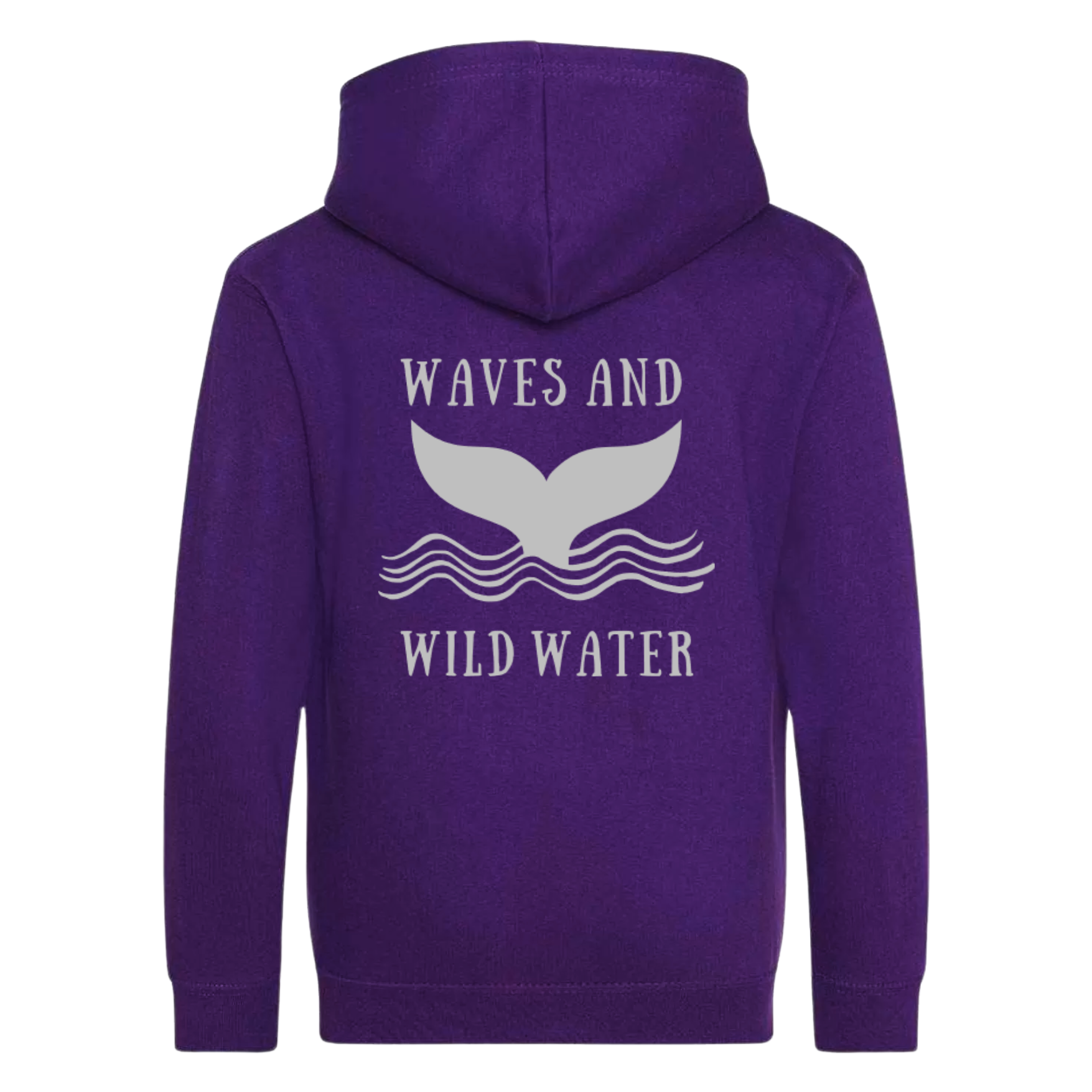 Twilight Tide purple hoodie featuring large metallic silver whale tail and wave design by Waves & Wild Water. Loved by wild swimmers, sea dippers and open water adventurers.