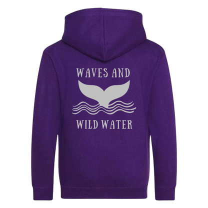 Twilight Tide purple hoodie featuring large metallic silver whale tail and wave design by Waves & Wild Water. Loved by wild swimmers, sea dippers and open water adventurers.