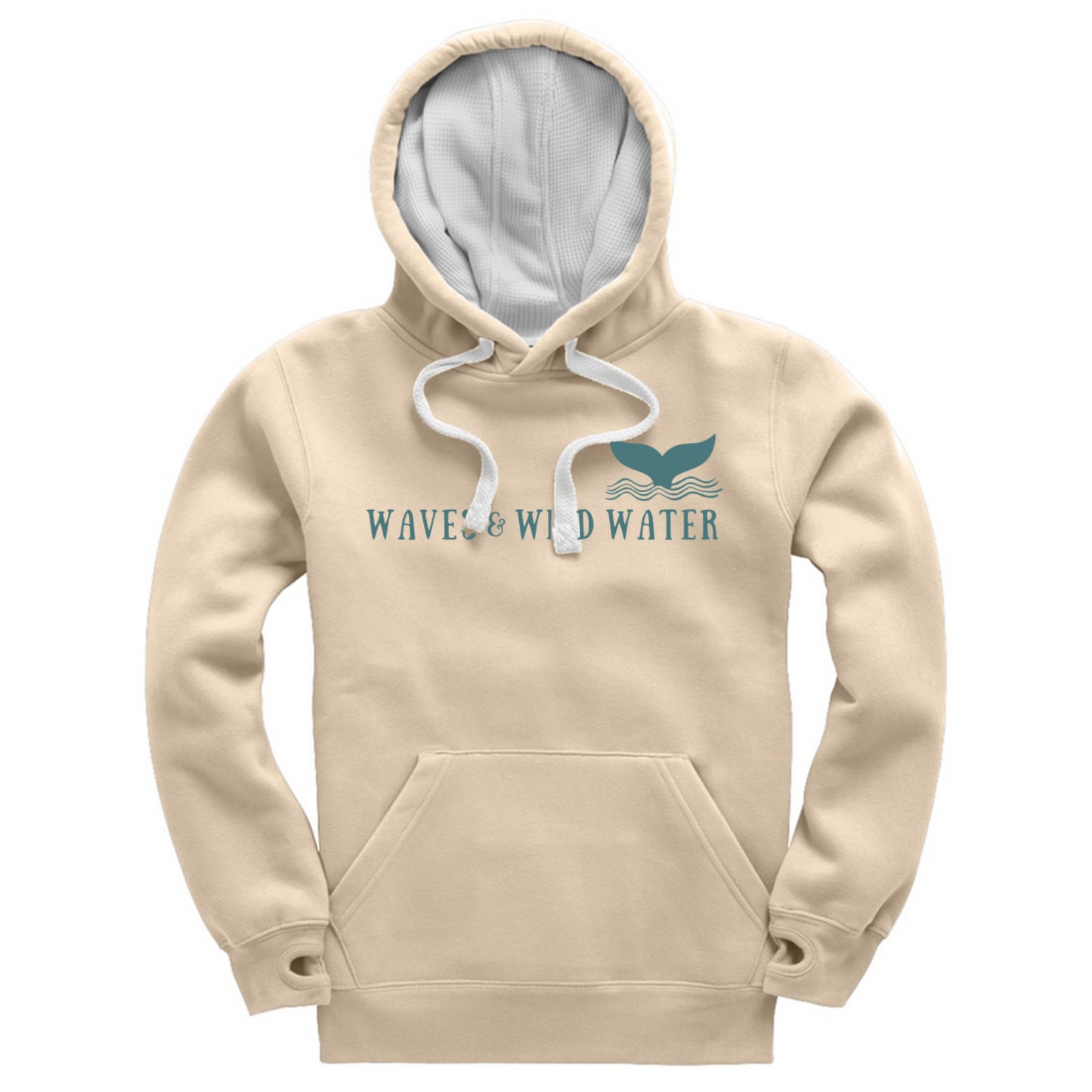 The front of our exclusive heavyweight hoodie for wild swimmers and sea dippers. This hoodie in Winter Swim ivory has a contrasting white waffle hood lining and matching cord. The logo is displayed across the front in Waves and Wild Water branded blue ink.