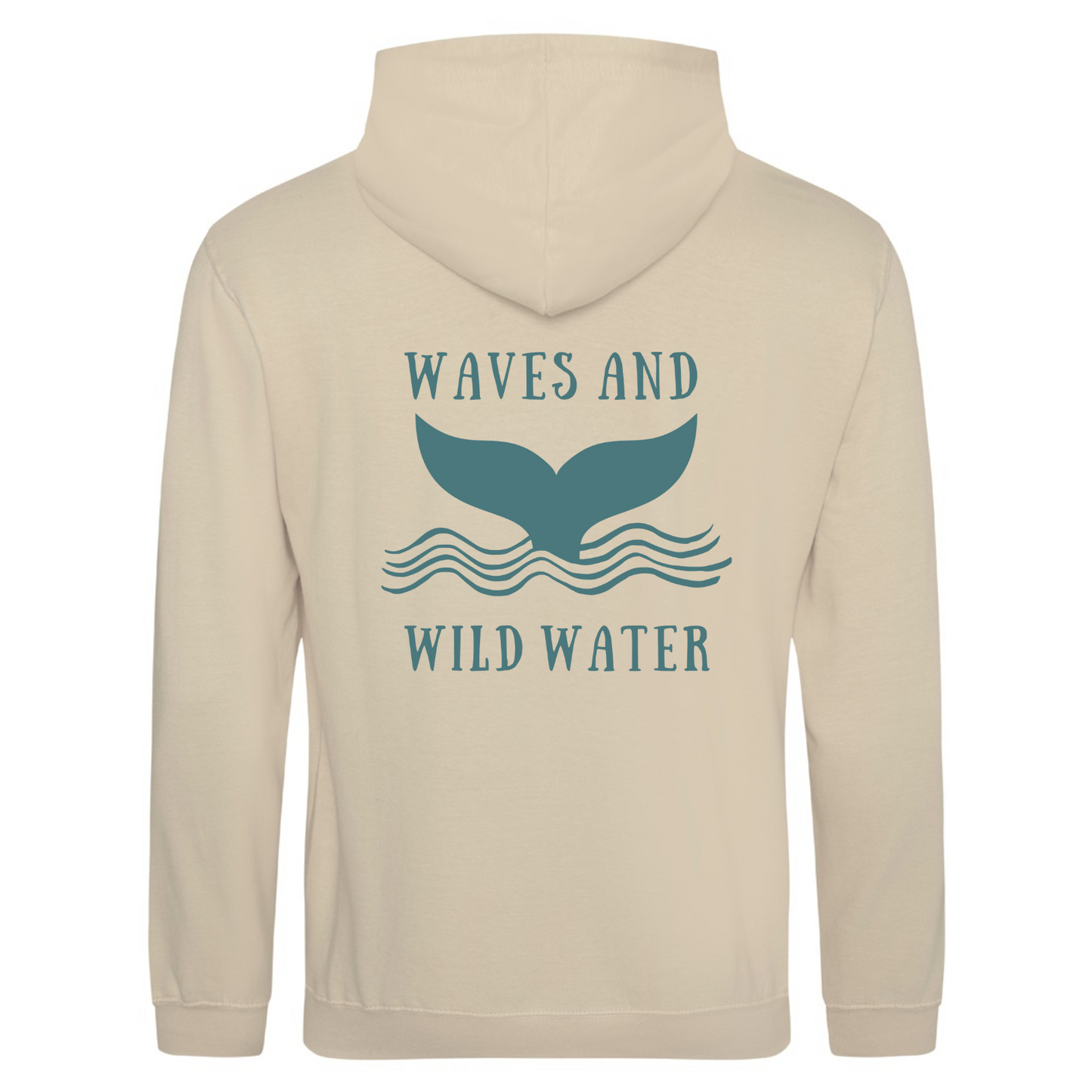 The back of the Waves and Wild Water Winter Swim hoodie showing the large whale tail logo coming out of the waves. The logo is hand printed in branded blue vegan ink and contrasts perfectly with the ivory colour of the hoodie, making this the go to choice for wild  simmers and sea dippers.