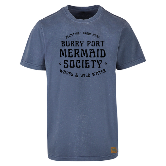 Vintage blue sustainable cotton t-shirt with Burry Port Mermaid Society slogan printed in bold black ink.