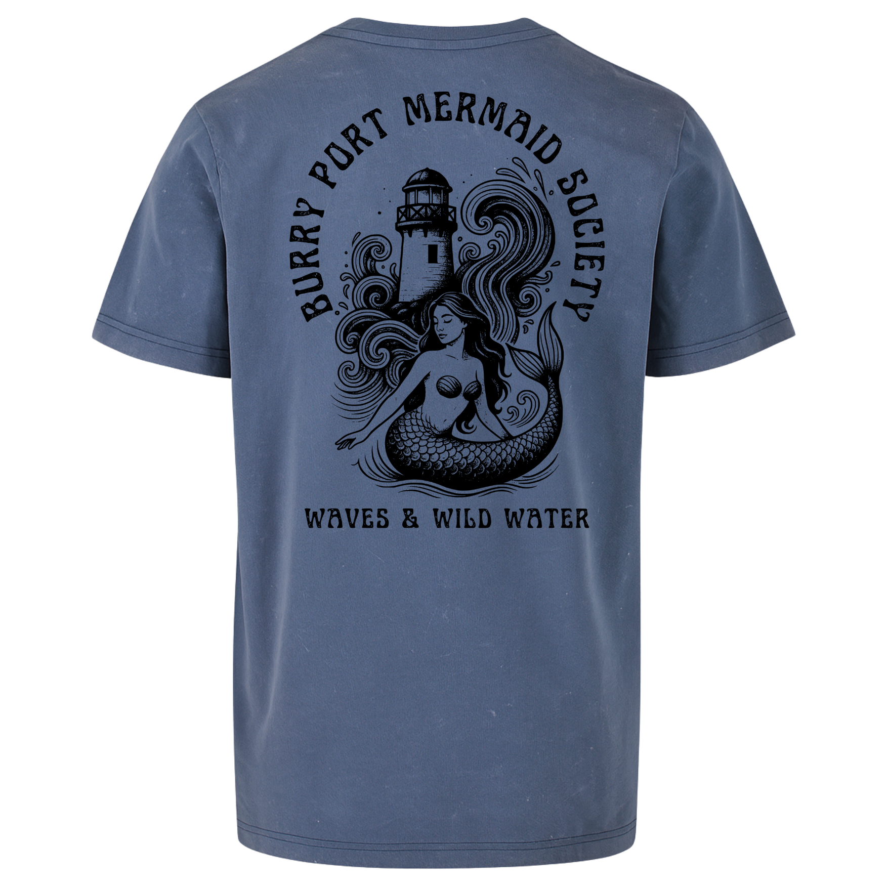 Vintage blue t-shirt featuring black ink illustration of Burry Port lighthouse and mermaid with flowing hair, framed by society text.