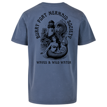 Vintage blue t-shirt featuring black ink illustration of Burry Port lighthouse and mermaid with flowing hair, framed by society text.