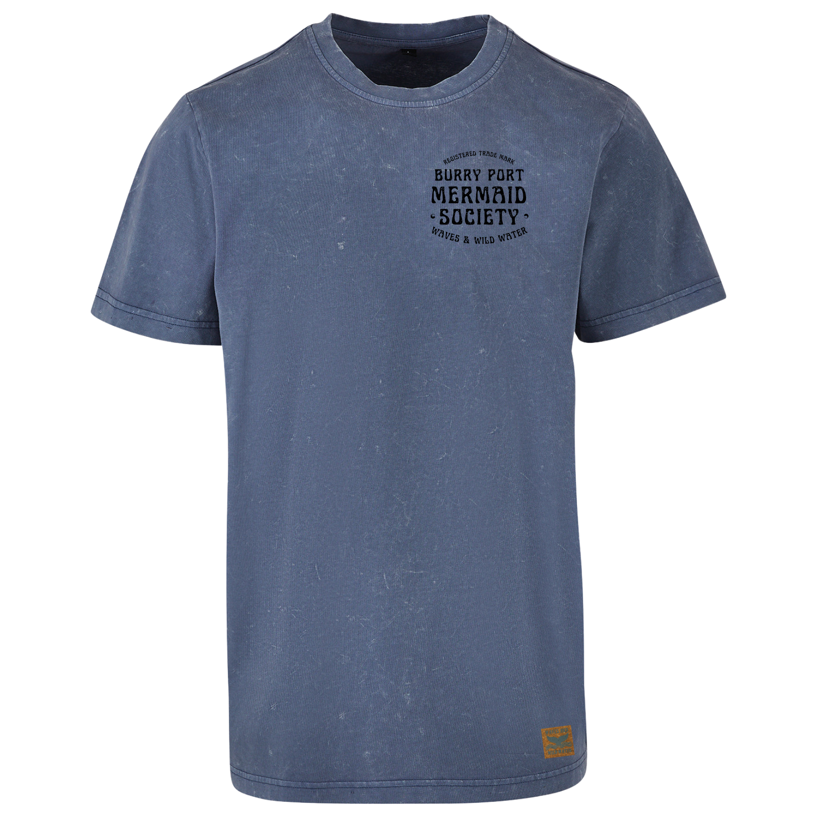Vintage blue sustainable cotton t-shirt with Burry Port Mermaid Society slogan printed in bold black ink.