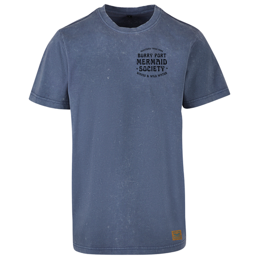 Vintage blue sustainable cotton t-shirt with Burry Port Mermaid Society slogan printed in bold black ink.