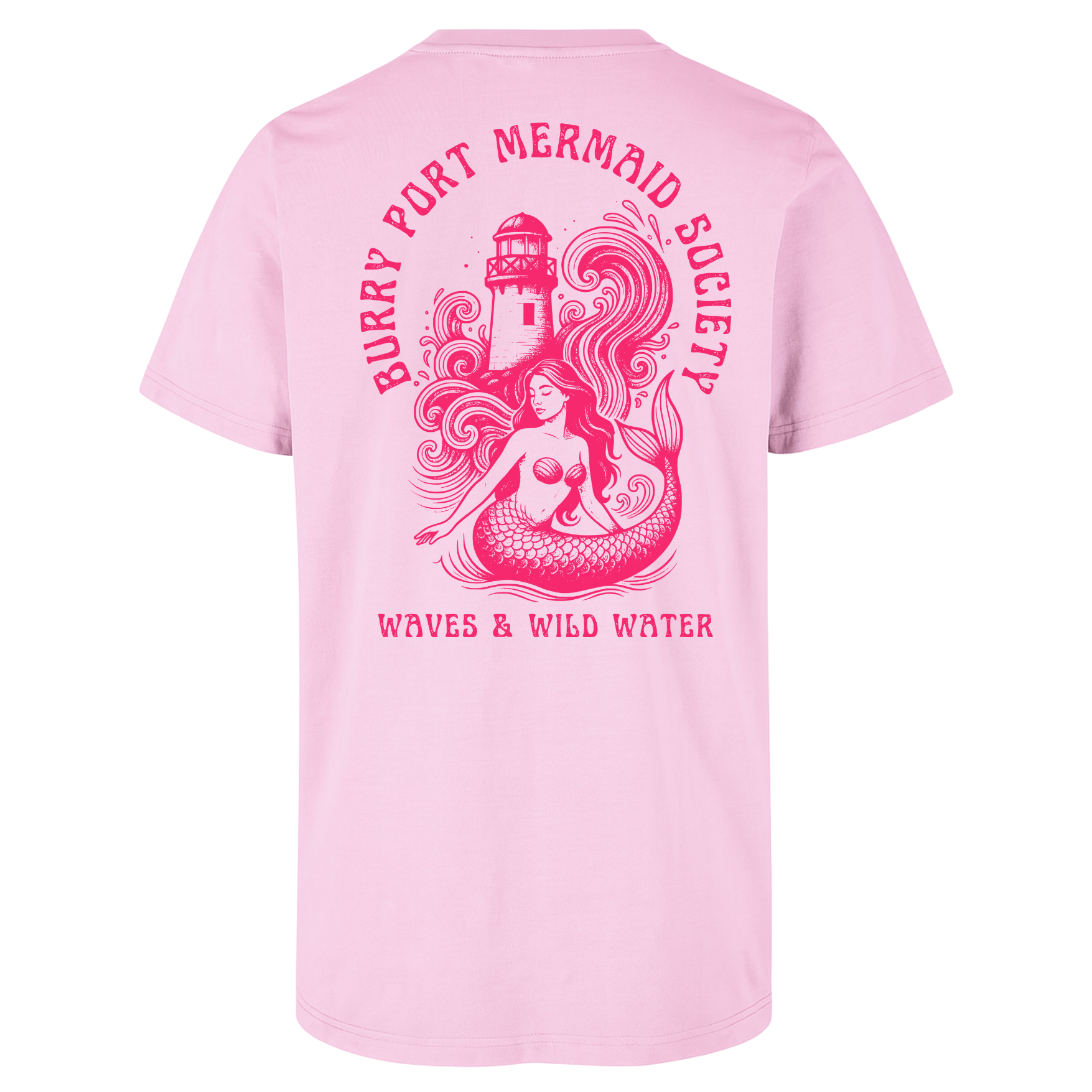 Pale pink cotton t-shirt featuring an illustrated mermaid with flowing hair in front of Burry Port lighthouse, with bold magenta water-based text.