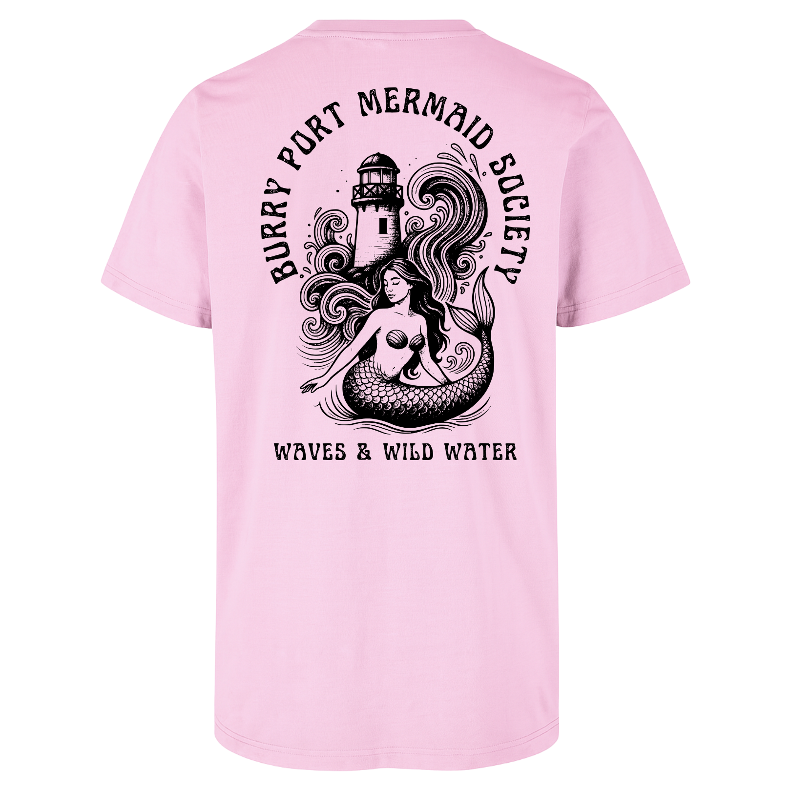 Pale pink cotton t-shirt featuring an illustrated mermaid with flowing hair in front of Burry Port lighthouse, with bold black water-based text.