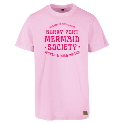 Pale pink cotton t-shirt with “Burry Port Mermaid Society” slogan in bold magenta text.