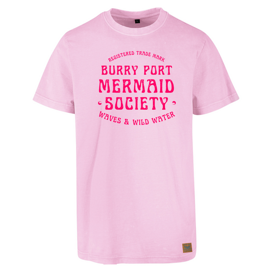 Pale pink cotton t-shirt with “Burry Port Mermaid Society” slogan in bold magenta text.