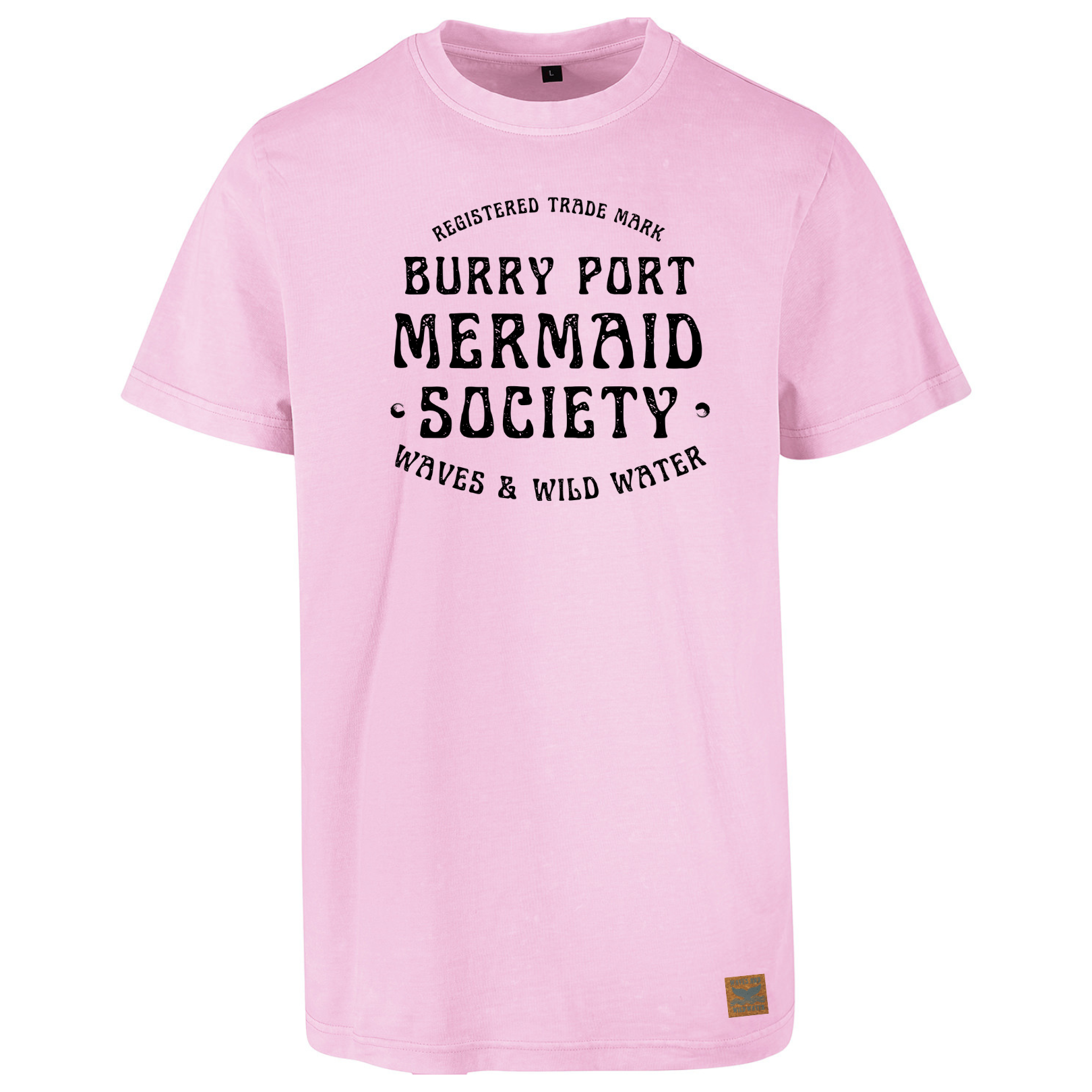 Pale pink cotton t-shirt with “Burry Port Mermaid Society” slogan in bold black text.