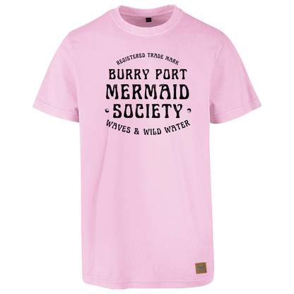 Pale pink cotton t-shirt with “Burry Port Mermaid Society” slogan in bold black text.