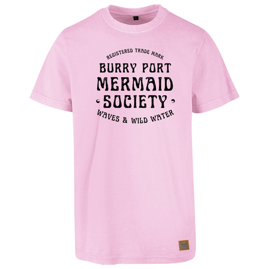Pale pink cotton t-shirt with “Burry Port Mermaid Society” slogan in bold black text.
