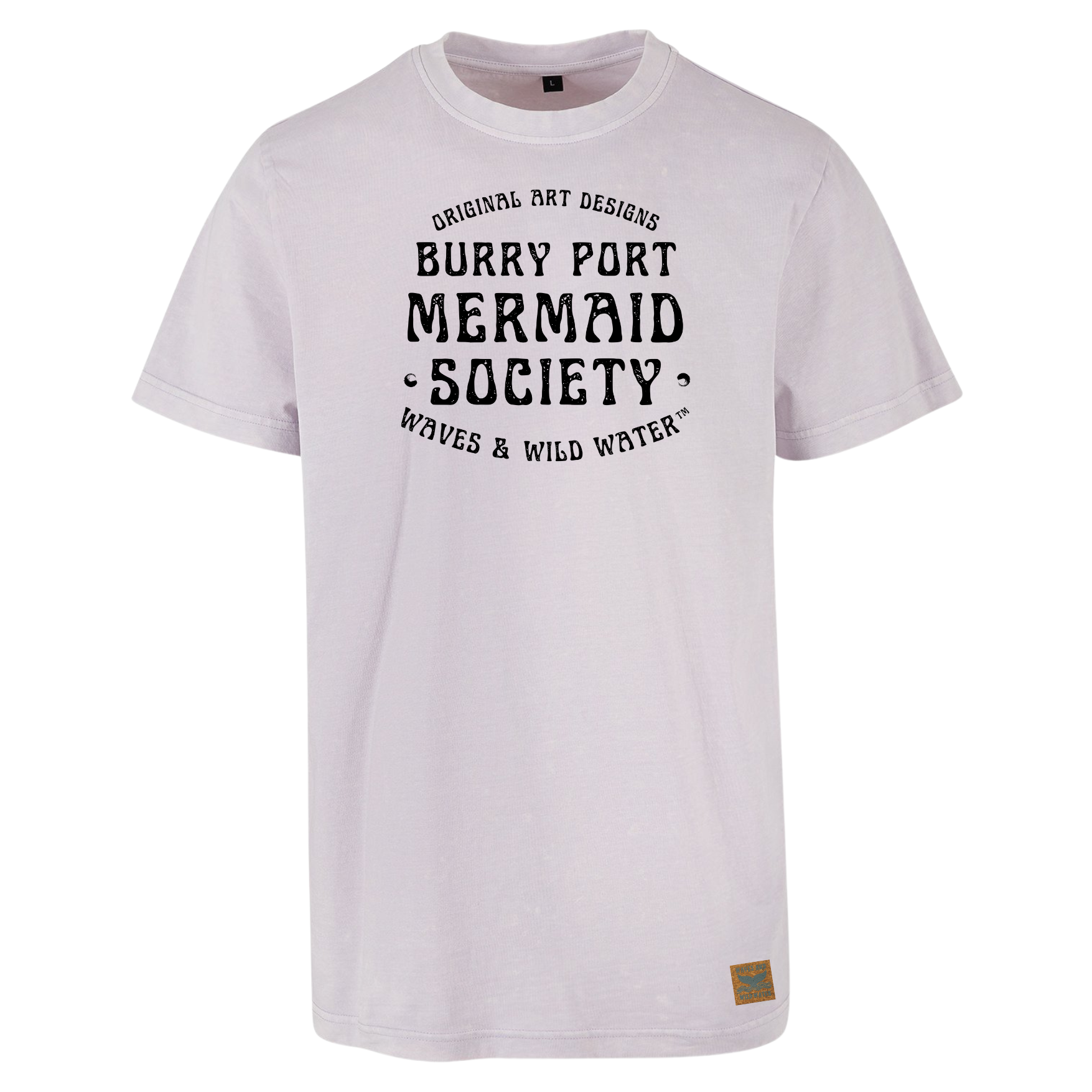 Vintage lilac t-shirt with Burry Port Mermaid Society chest print by Waves & Wild Water. Loved by wild swimmers and ocean dippers.