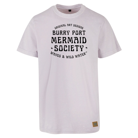 Vintage lilac t-shirt with Burry Port Mermaid Society chest print by Waves & Wild Water. Loved by wild swimmers and ocean dippers.