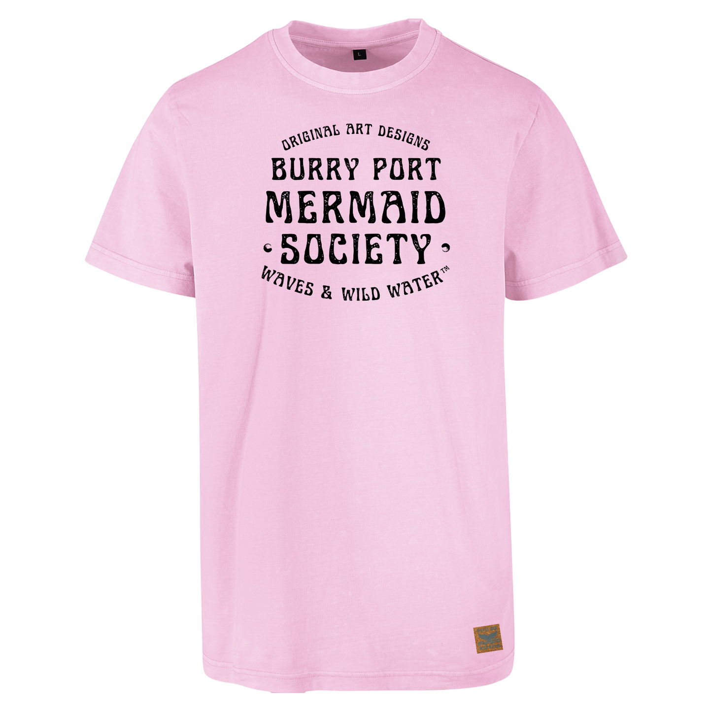 Pale pink cotton t-shirt with “Burry Port Mermaid Society” slogan in bold black text.