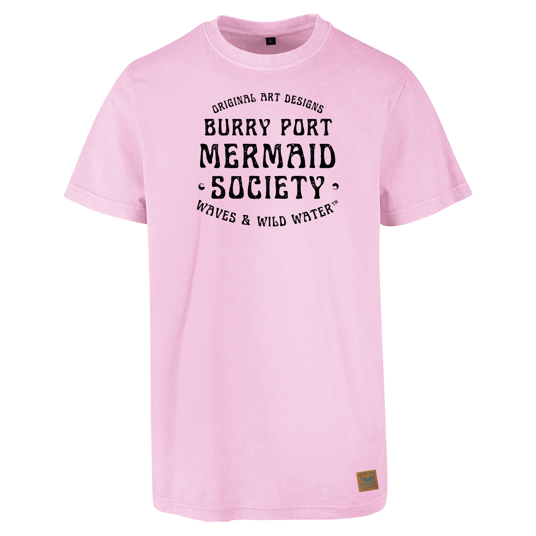Pale pink cotton t-shirt with “Burry Port Mermaid Society” slogan in bold black text.