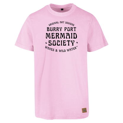 Pale pink cotton t-shirt with “Burry Port Mermaid Society” slogan in bold black text.