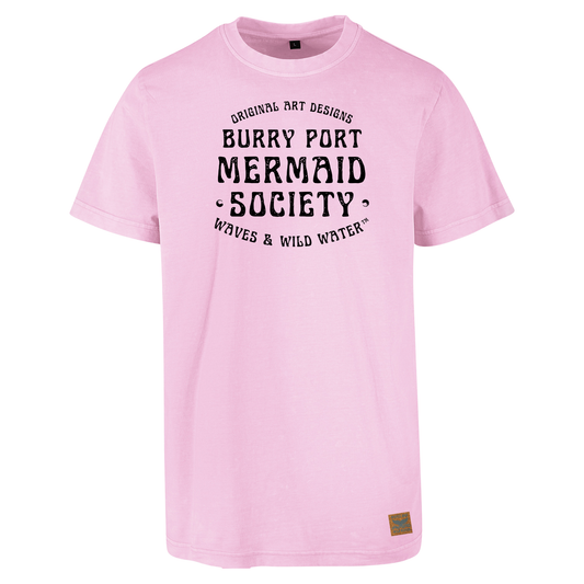 Pale pink cotton t-shirt with “Burry Port Mermaid Society” slogan in bold black text.