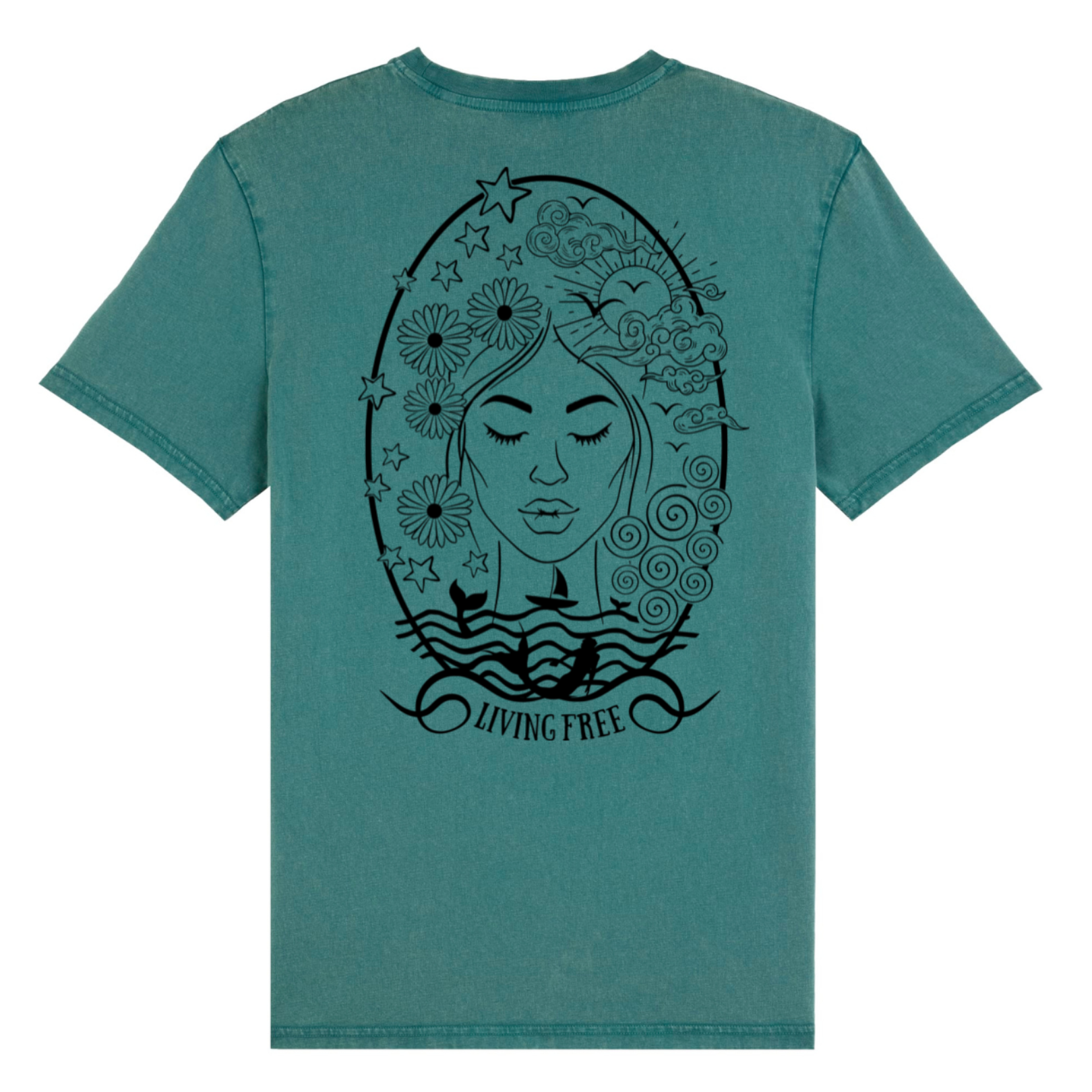 Embrace the tranquillity of the ocean with our seafoam green t-shirt, featuring a serene woman’s face surrounded by waves and flowers. Inspired by the sea, this unique hand drawn design offers a perfect blend of style and comfort, and is a firm Waves and Wild Water favourite.