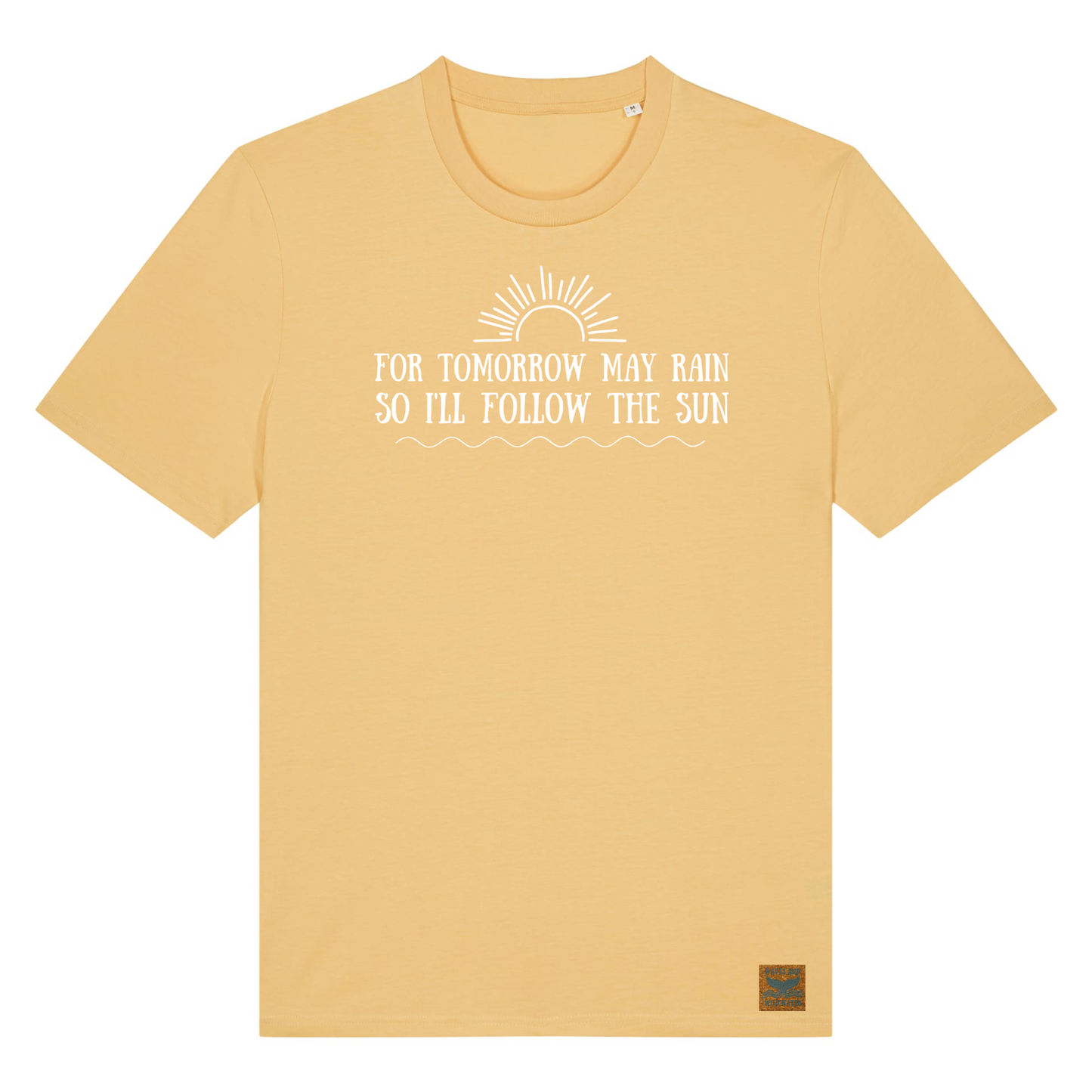 One of the Waves and Wild Water favourites, this pale yellow gold tee has the words from the Beatles song, I'll Follow The Sun, printed across the front in white. Every wild swimmer knows that tomorrow may rain, so for now, just follow the sun!