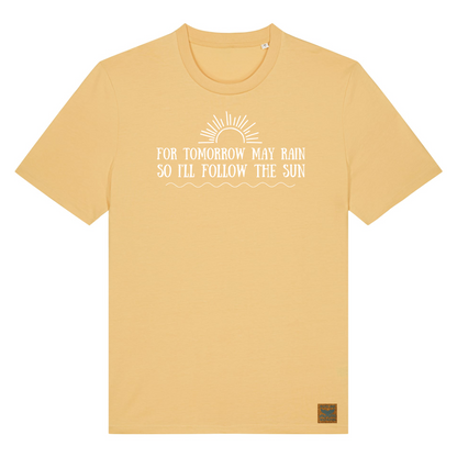 One of the Waves and Wild Water favourites, this pale yellow gold tee has the words from the Beatles song, I'll Follow The Sun, printed across the front in white. Every wild swimmer knows that tomorrow may rain, so for now, just follow the sun!