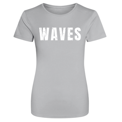 Waves and Wild Water sports grade tri-blend tee, with a simple WAVES text printed across the front in a grungy style. The t-shirt is frosty morning grey with white print.